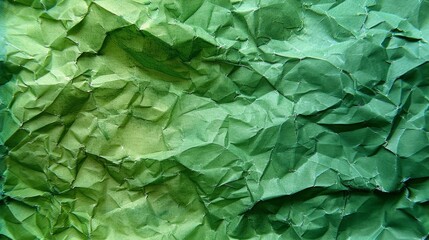   A detailed image of crinkled paper, colored green, adorned with a leafy pattern