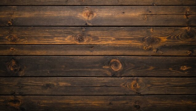 A full-frame image of dark stained wooden planks with visible knots and wood grain texture