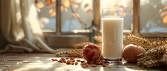 Smooth milk background, subtle almond and cocoa, wheat touches, minimalist, deeply detailed realism