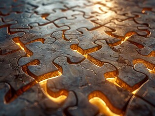 Symbolic puzzle game, pieces illuminated from within, soft glow, wide angle, on white, depicting the path to solution - obrazy, fototapety, plakaty