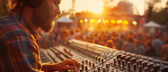 Sound engineer fine tuning audio mixer at an outdoor festival, warm sunset light, close up, showing detailed sound engineering work