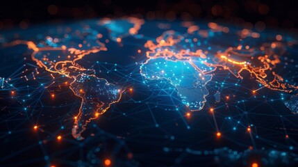 Abstract world map with continents connected by decentralized lines, symbolizing global internet network, vibrant tech light - obrazy, fototapety, plakaty