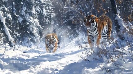 Siberian tigers, a majestic species of Panthera tigris, effortlessly traverse the snowy landscapes of their habitat. - obrazy, fototapety, plakaty