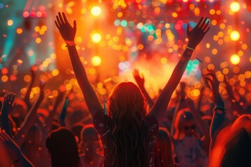 Audience cheering at a music festival, colorful lights, eye level view, with hands in the air in a moment of joy