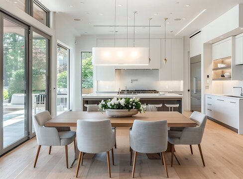 A wide angle photo of an elegant dining room in the middle with a modern kitchen and glass sliding doors on one side, with a neutral color scheme of white walls