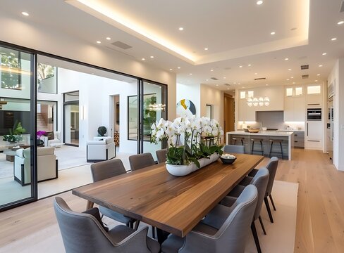 A wide angle photo of an elegant dining room in the middle with a modern kitchen and glass sliding doors on one side, with a neutral color scheme of white walls