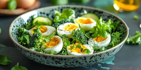 Fresh vegetables salad with eggs, broccoli and zucchini