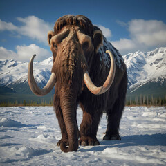 Obraz premium Majestic Mammoth Walking Thru A Snow And Icy Landscape With Mountains