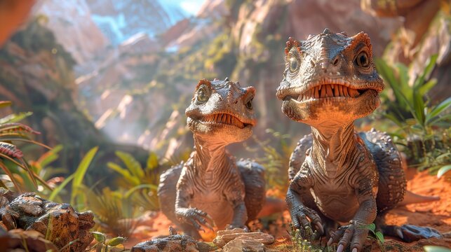 HD vista of cute dinosaurs playfully frolicking in a prehistoric landscape