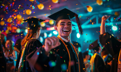 Graduating student celebrating with cap and tassel at graduation party. Portrait with vibrant party lights and confetti. Graduation ceremony and celebration concept for design and print.
