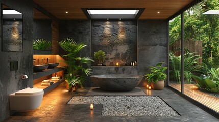   A bathroom featuring a spacious stone bathtub, a nearby toilet, and a corner potted plant