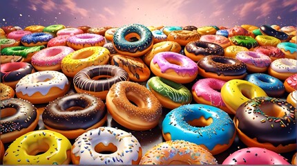 Assorted delicious donuts with sprinkles, icing sugar, and chocolate, isolated on background