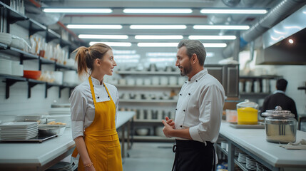 Professional Chefs Discussing in Commercial Kitchen - obrazy, fototapety, plakaty