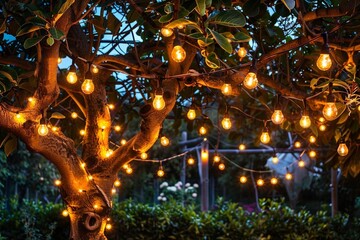 Decorative outdoor string lights hanging on tree in the garden at night time