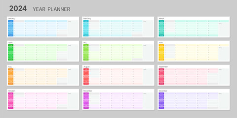 Template of 2024 year planner, calendar design. Wall annual schedule layout for 12 months, week starts on sunday. Blank daily organizer in rainbow colors, vector illustration