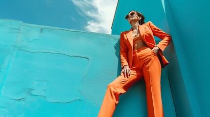 Striking image of a confident woman in an orange suit, high heels, and short hair. She elegantly poses on a blue wall under a vibrant blue sky. - Powered by Adobe