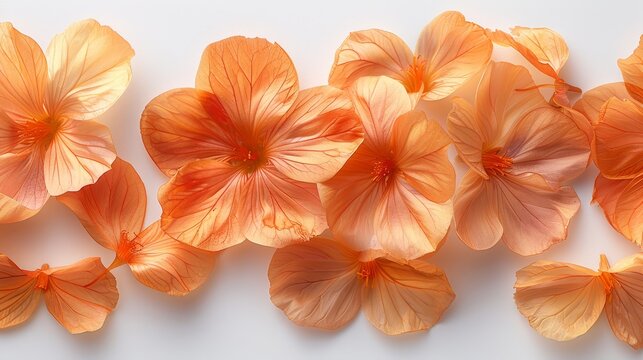   A collection of orange flowers arranged together on a white background One flower is positioned centrally in the image