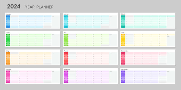 Template of 2024 year planner, calendar design. Wall annual schedule layout for 12 months, week starts on sunday. Blank daily organizer in rainbow colors, vector illustration