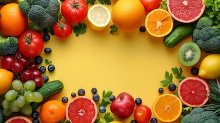   A colorful arrangement of fruits and veggies in a circular design against a sunny yellow background Include text here