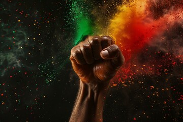 black mans hand in a power fist gesture with splash of red green and yellow color on a black background for Juneteenth
