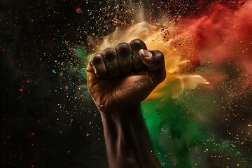 black mans hand in a power fist gesture with splash of red green and yellow color on a black background for Juneteenth - obrazy, fototapety, plakaty