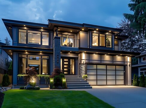 Fototapeta A wide angle shot of a modern two story home in Vancouver, with a light blue exterior wall, white trim, and black windows