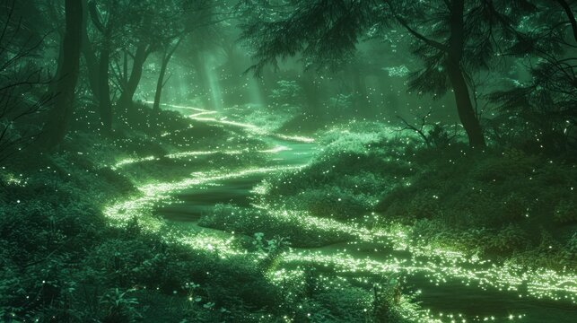 Digital wilderness: A lush, otherworldly forest pulses with bioluminescent light, casting an ethereal green glow over the landscape. A winding path leads deeper into the unknown.