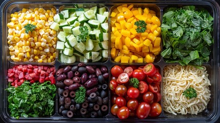   A large plastic container brimming with assorted vegetables and pasta salads stacked neatly atop one another