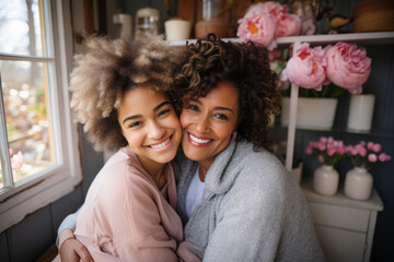 Joyful mother and teenage daughter embracing at home, surrounded by flowers.