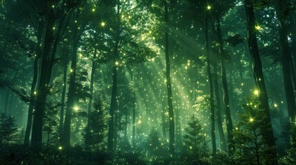Fototapeta na wymiar Neon wilderness: A dense forest pulses with bioluminescent light, casting an ethereal green glow over the landscape.