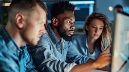 Fototapeta premium Focused Team of Tech Professionals Reviewing Code on Computer Screen, cybersecurity, experts providing training