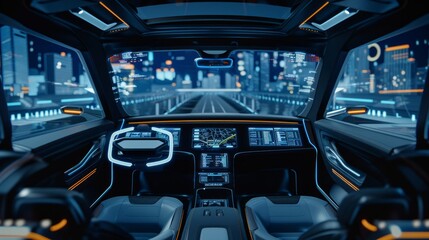 Interior of advanced autonomous car on futuristic urban highway, Inside self-driving car with empty drivers seat