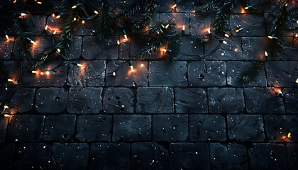 Top-Down View of Christmas Lights on a Cozy Brick Backdrop

