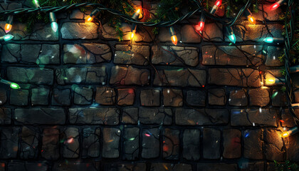 Christmas Lights Beautifully Arranged on Brick - obrazy, fototapety, plakaty