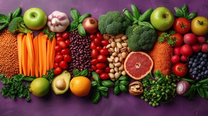 Naklejka na ściany i meble A horizontally arranged assortment of fruits and vegetables sits on a purple surface against a dark purple background