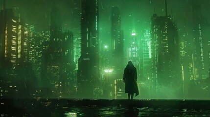 Welcome to the future: A neon-lit metropolis skyline looms in the background as a lone figure, illuminated in green, walks confidently towards the viewer. 