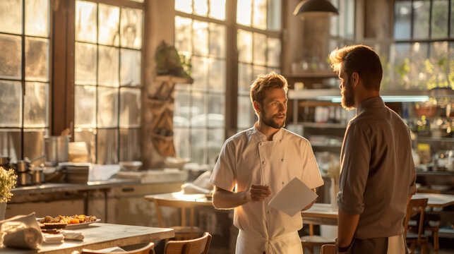 Chef and Waiter Discussing Menu in Sunlit Restaurant - Powered by Adobe