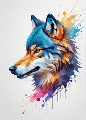 abstract watercolor painitng of wolf head