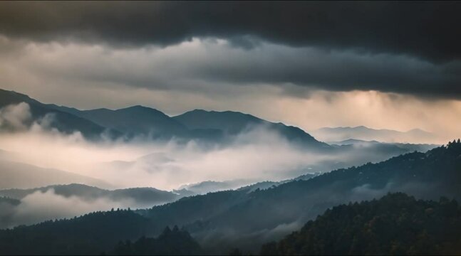 Misty rain veiling distant mountains.
