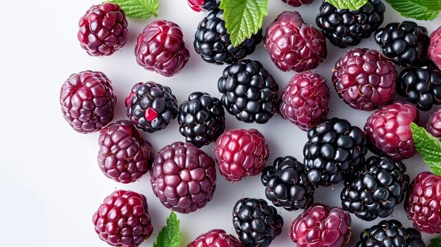   A collection of raspberries and blackberries on a pristine white background, garnished with green leafy tops