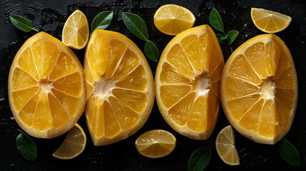   A collection of sliced oranges atop a table, accompanied by green leaves and orange slices