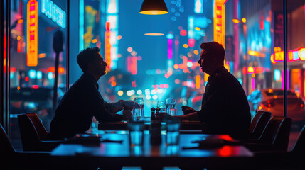 Neon Lit Dinner: Two People Chatting in a Vibrant Cityscape