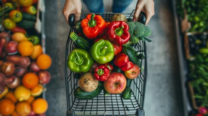 Woman pushing a shopping cart full of delicious vegetables and fruits generative ai - obrazy, fototapety, plakaty