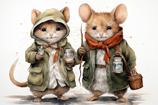 Two little mice in winter clothes with lantern on white background, illustration