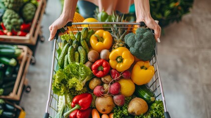 Woman pushing a shopping cart full of delicious vegetables and fruits generative ai