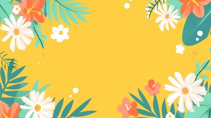 summer flowers and plants on yellow background, horizontal frame for social media, greeting card, blank space for text in the center, sales promotion banner with colorful flat design style