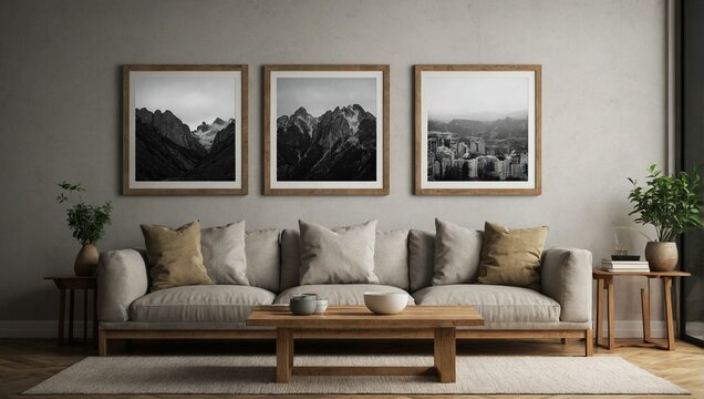 A stylish living room features a comfortable couch and framed mountain photos above, depicting serenity and design