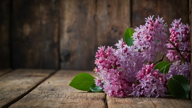 Vibrant purple lilacs placed on a vintage wooden table giving a rustic charm to the image with a soft blurred background