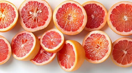   A collection of halved grapefruits arranged on a pristine white surface, surrounded by one intact grapefruit