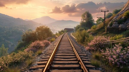 landscape railway stretching into the distance among beautiful nature - obrazy, fototapety, plakaty